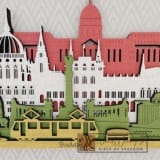 Budapest városkép - piros-fehér-fenyőzöld-kőris színben nordwoodart fa dísztárgy