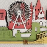 Budapest városkép - piros-fehér-fenyőzöld-kőris színben nordwoodart fa dísztárgy