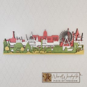 Budapest városkép - piros-fehér-fenyőzöld-kőris színben nordwoodart fa dísztárgy
